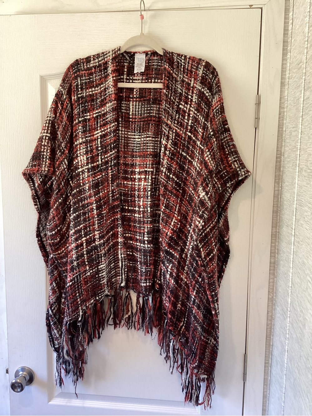 Time and Tru Red and Black Plaid Open Knit Fringe Cardigan one size EUC